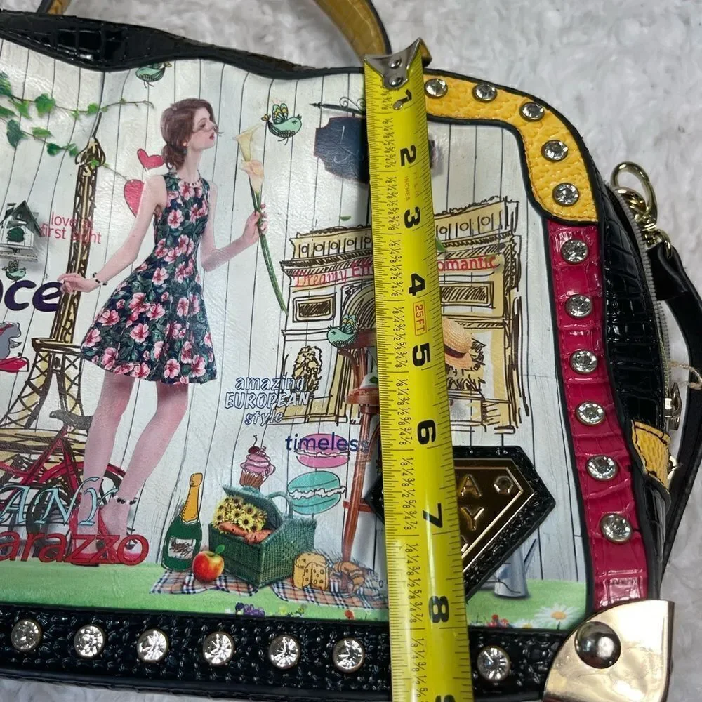 Kanu vintage multi color satchel/ shoulder bag gold tone and rhinestone accents
